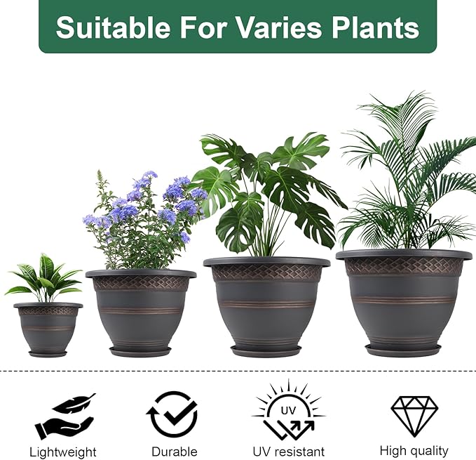 4 Pack 12 Inch Large Plant Pots, Plastic Flower Pot for Indoor & Outdoor with Drainage Holes & Saucer, Plaid Pattern Planters Garden Pots for Herbs Bronze