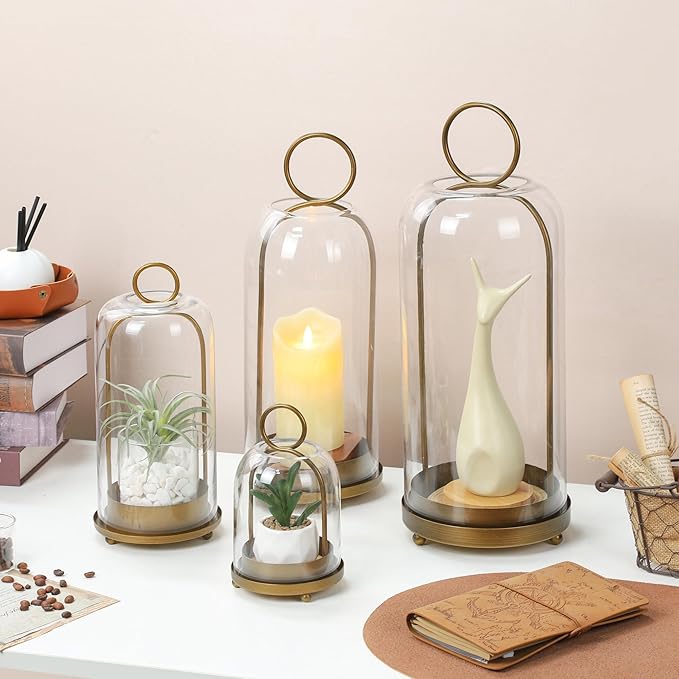 12" High Versatile Modern Metal Hurricane Lantern with Handmade Sturdy Glass Dome for 3" Pillar Candle & Plants (Brass, 5"x12")