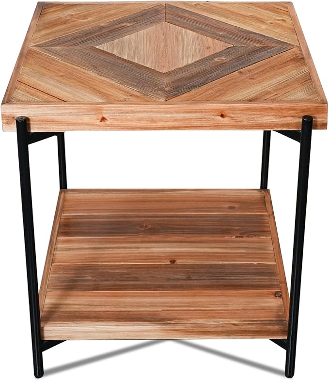 CONSDAN StoneCreek Solid Fir Wood Side Table - Metal Frame, 2-Tier End Table for Living Room/Bedroom/Office, 23" Square Night Stand, Accent Table