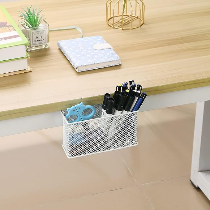 dedoot Magnetic Pencil Holder for refrigerator Storage Magnetic Basket Mesh White Strong Magnetic Pen Holder for Refrigerator,Whiteboard, Locker, Home and Office Organizer, 6.3x2.3x3.6inch