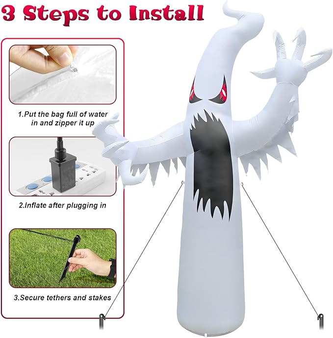 12FT Halloween Inflatables Giant White Ghost, Halloween Inflatable Outdoor Decoration, LED Colored Lights, Scary Red Eyes, Devil Claws, for Indoor and Outdoor Halloween Blow Ups Party Decorations