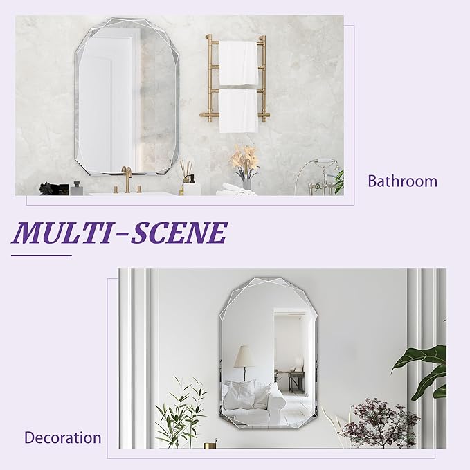 Bathroom Mirror for Wall, 26" x 38" Arched Mirror, Bathroom Vanity Mirror, Beveled Edge Frameless Wall Mount Vanity Mirrors, Wall Mirrors Decorative, Irregular Beveled Edge Mirror