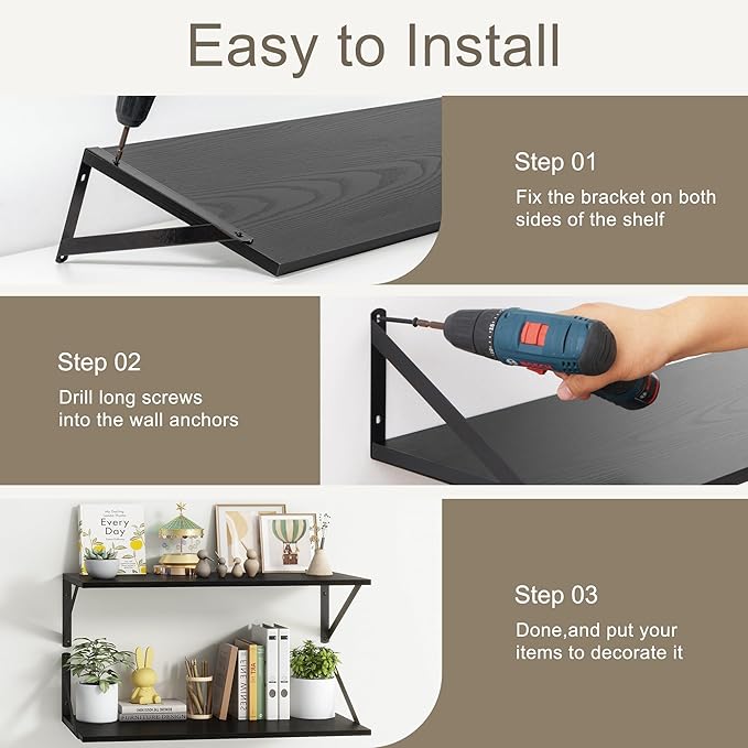 Fun Memories 20 Inch Floating Shelves for Wall, Black Bathroom Shelves Set of 2, 10 Inch Deep Wall Shelf for Bedroom, Kitchen, Large Home Decor Shelves Farmhouse Storage Shelf