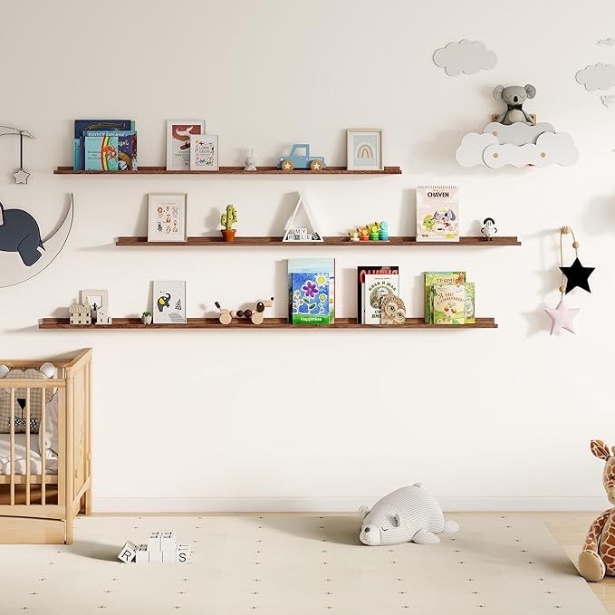 Floating Picture Ledge Shelves for Wall Set of 2, 55 Inches Picture Shelf with Ledge, Nursery Book Shelf for Toys Storage Kids Bookshelf Wall Mounted Living Room Bedroom Decor Frames, Walnut