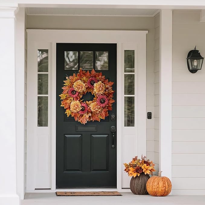 28'' Large Fall Wreath for Front Door, Porch, Window- Artificial Maple Leaves Faux Sunflower Hydrangea Pumpkins Outdoor Autumn Wreath for Home, Farmhouse Wall Thanksgiving Day Harvest Festival Decor