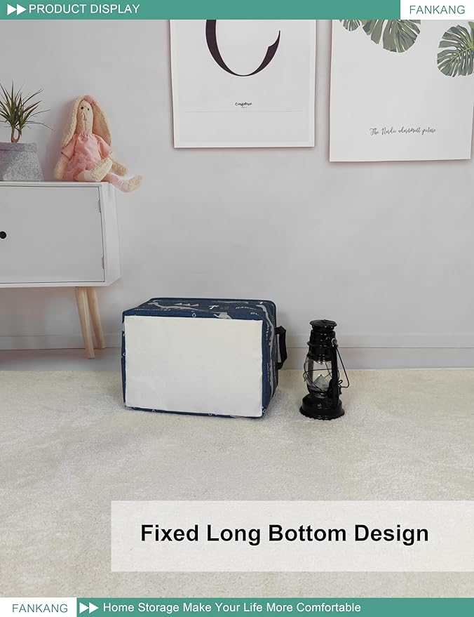 FANKANG Storage Bins, Nursery Hamper Canvas Laundry Basket Foldable with Waterproof PE Coating Large Storage Baskets for Kids Boys and Girls, Office, Bedroom, Clothes,Toys(Rec-Blue dinosaur