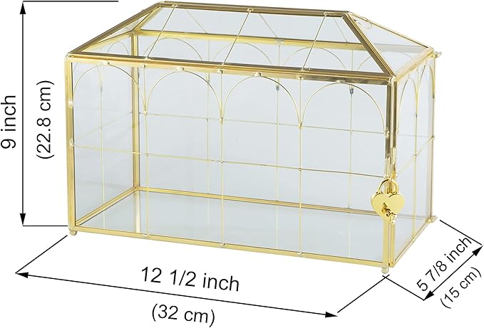 Glass Wedding Card Box with Slot, 12.6 inch Large Clear Card Box Gold Brass Gift Card Storage Box with Lock for Wedding Receptions, Baby Shower, Birthday Party, Bridal Shower
