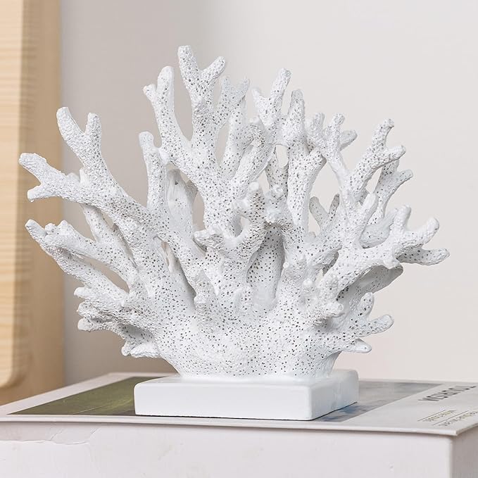 5.8" H White Coral Decor, Resin Coral Statue, Nautical Decorations for Home, Bedroom, Bathroom, Living Room, Beach/Coastal/Ocean Themed Cabinet Shelf Tabletop Decor