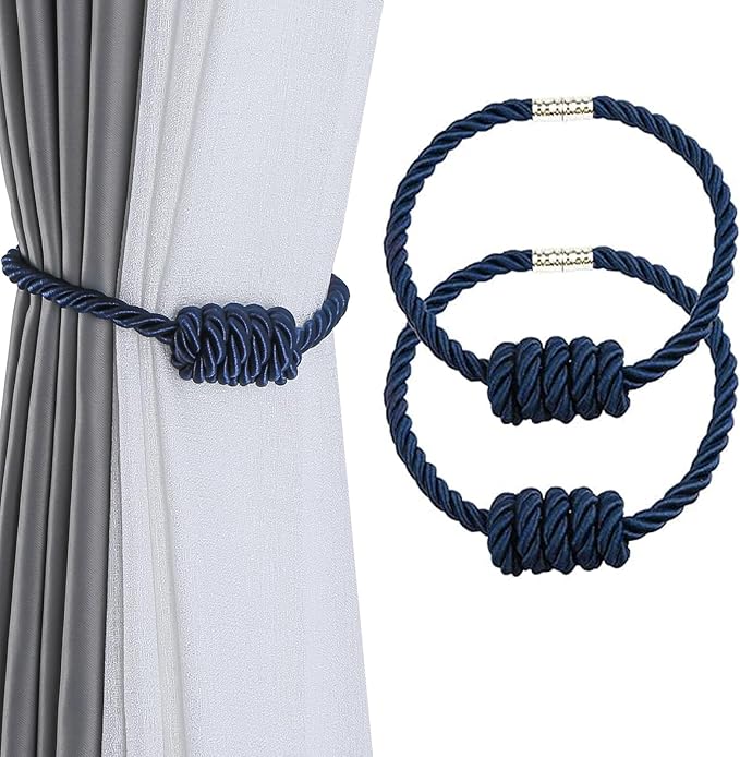 Fenghuangwu 2Pack Magnetic Curtain Tiebacks – Bohemian Style Handmade Woven Tie-Backs for Drapes,Elegant Exquisite Knot Holdbacks,Outdoor Boho & Modern Home Decor(Navy