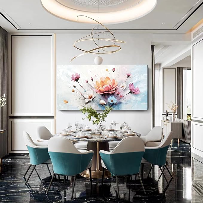 amatop Oversized Wall Art for Living Room Elegant Pink White Blue Floral Art Print Large Abstract Nature Botanical Picture Contemporary Garden Bloom Canvas Decoration Bedroom Office Hallway 58x29 inch