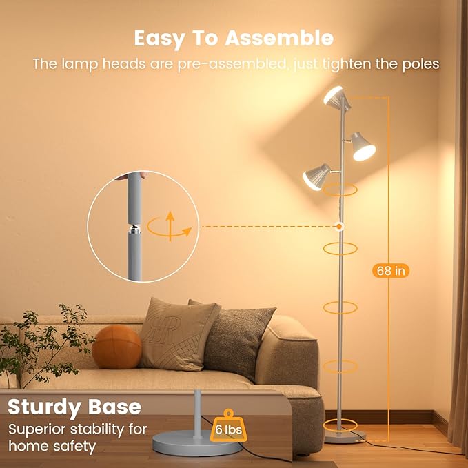 36W LED Tree Floor Lamp, Dimmable Tall Standing Lamp with Remote & Touch Control, 4 Color Temperatures Bright Floor Lamp, 3 Rotatable Light Modern Floor Lamps (Silver Gray)