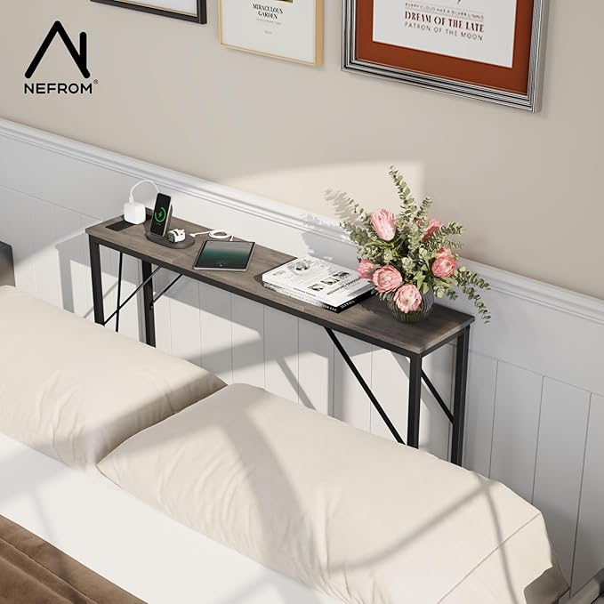 Console Table, Skinny Entryway Table with Fast-Charging Station, Narrow Long Sofa Table, Behind Slim Couch Table for Entrance, Hallway, Living Room Decor ST-GY100-1