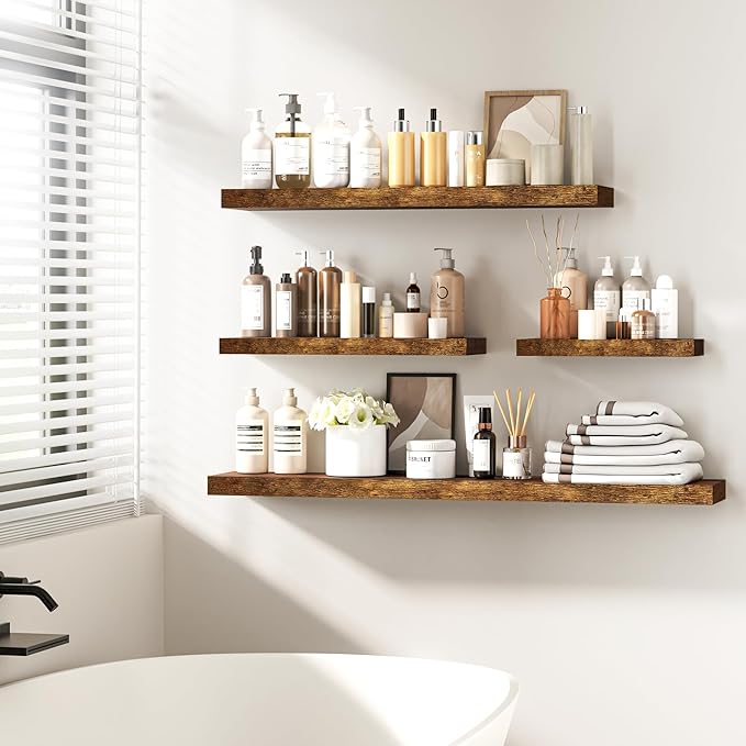 Fun Memories 16 Inch Floating Shelves - Deep Rustic Wooden Wall Shelves - Extra Deeper & Thicker Wall Mounted Storage Shelf for Bedroom, Kitchen, Farmhouse - 2 Pack, Rustic Brown