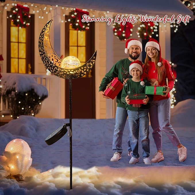 2Pack Moon Garden Solar Lights Outdoor Stakes Waterproof, Gifts for Mom, Crackle Glass Patio, Backyard Decorations, Balcony Lawn Ornaments, for Women Men Grandma (Bronze)