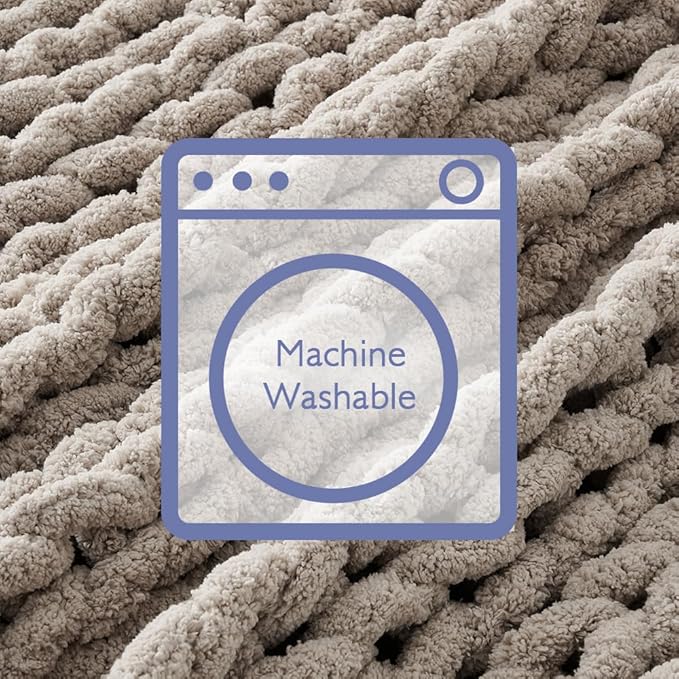 Bigacogo Chunky Knit Throw Blanket for Couch, 60x80 inches, 100% Hand Knitted with Thick Jumbo Chenille Yarn, Cozy Soft Large Rope Knot Cable Crochet Blankets for Sofa Bed Living Room, Taupe