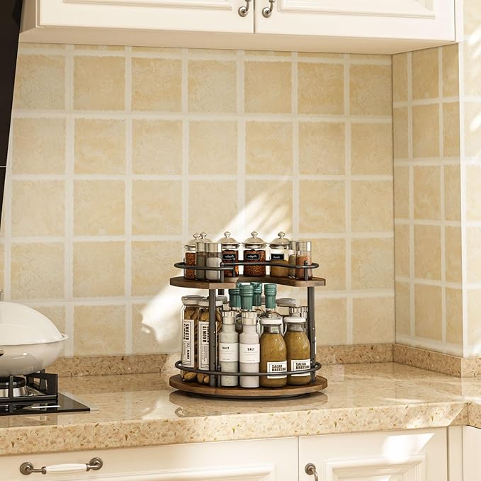 2 Tier Lazy Susan Organizer,2-Tier Spinning Spice Rack with Stable Carousel Base & 4 Height Settings for Cupboard Kitchen Countertop Dining Table Cupboard (Round)