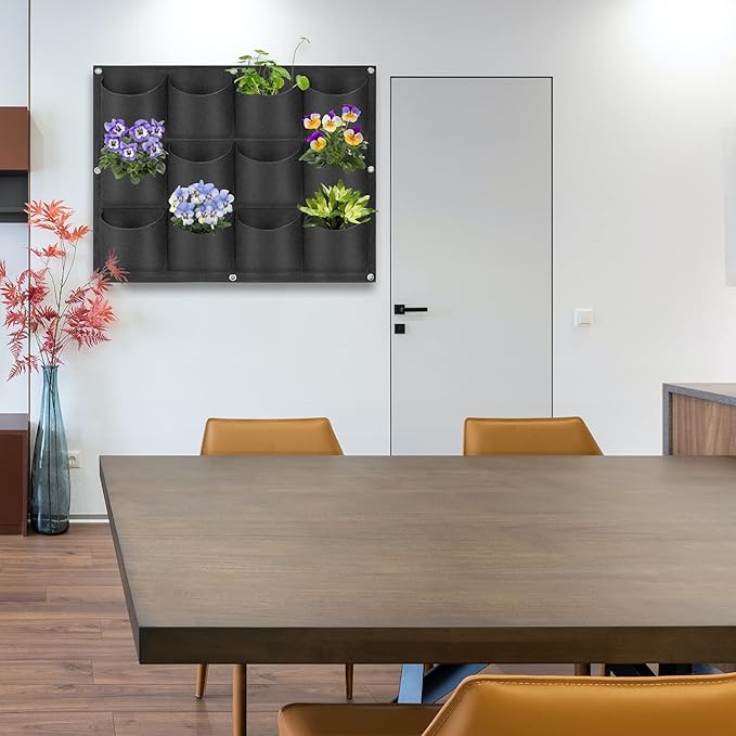 12 Pockets Hanging Planter Bags, Hanging Vertical Wall Mounted Plant Planting Grow Bags, Herb Garden Planter Outdoor Indoor Growing Bag, Gardening Vertical Greening Flower Container(0.6m×0.8m, Black)