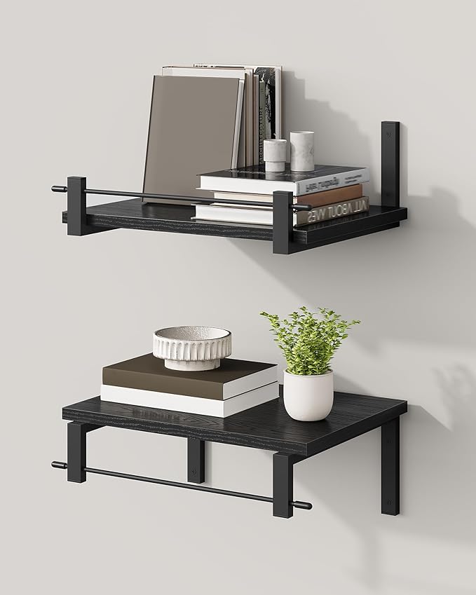 Deep Floating Shelves for Wall, 12 inch Wall Mounted Shelves Set of 2, Wide Floating Shelves for Living Room, Bedroom, Study, Bathroom, Black TBJ02P2BB