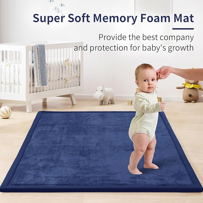 ACOMOPACK Baby Play Mat for Floor 1.3" Thick Memory Foam Play Mat 79"×157 Tummy Time Crawling with Non-Slip Bottom for Living Room,Nursery,Soft Velvet Playpen Mats for Kids,Infants(Royal Blue)