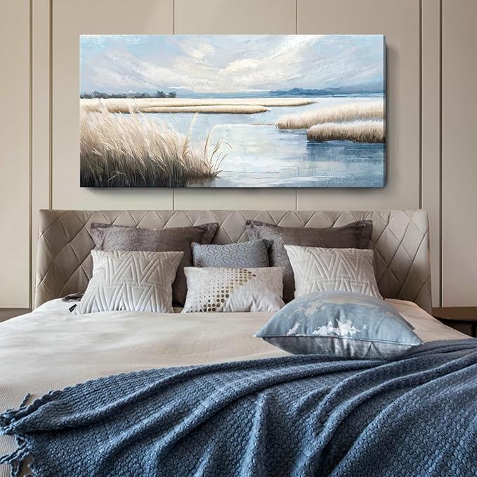 amatop Extra Large Coastal Marsh Landscape Wall Art – Neutral Blue Beige Wetland Canvas Print for Bedroom Living Room Office – Serene Nature Wall Decor,Oversized Ocean Artwork for Home Decoration