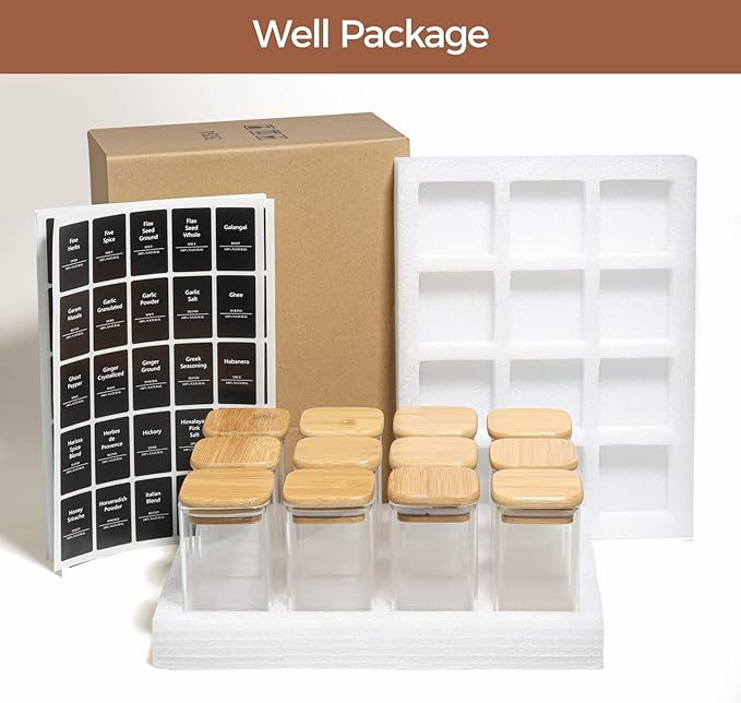 ComSaf 12Pcs Glass Spice Jars with Bamboo Lid, 8oz Airtight Square Containers with 275 Black Lables, Empty Seasoning Jars for Spice Salt Sugar