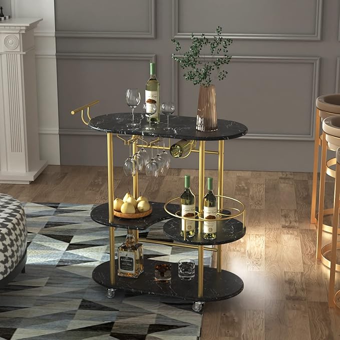 Black Bar Carts with 4-Tier Storage Shelves, Mobile Bar Serving Cart with Wine Rack and Glass Holder, for The Home, Kitchen, Living Room, Dining Room