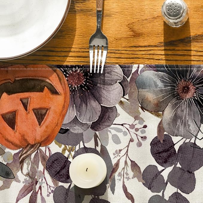 Artoid Mode Jack-O'-Lantern Pumpkin Floral Ghost Halloween Table Runner, Eucalyptus Kitchen Dining Table Decoration for Home Party Decor 13x72 Inch