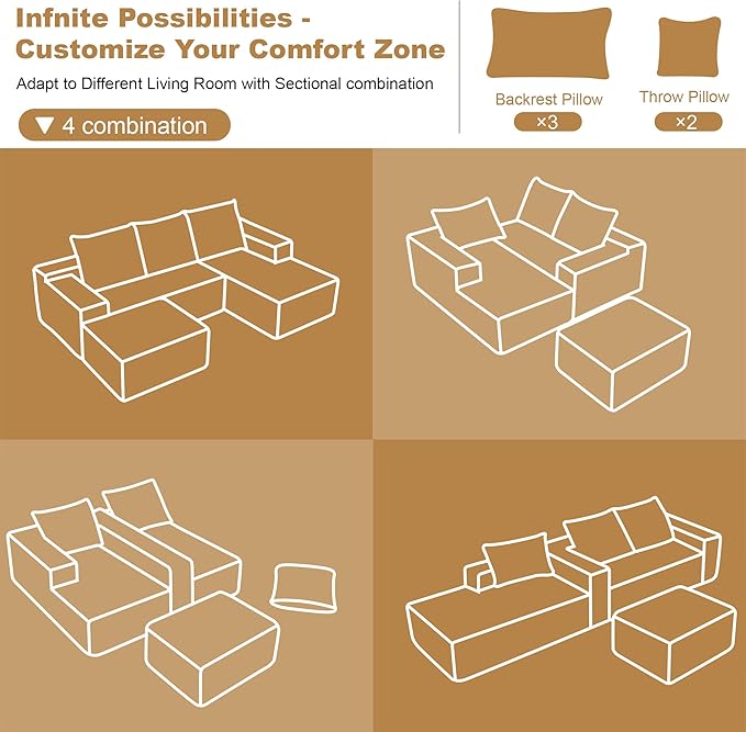 108" Sectional Couches for Living Room Modern Modular Sofa with L-Shape Couchs Upholstered Boneless Couch Deep Seat Sectional Couch with Chaise (Green, Right Facing Chaise+2Seaters+1Ottoman)