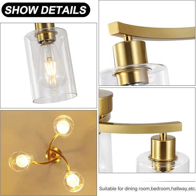 3-Light Gold Dining Room Chandeliers Over Table, Contemporary Kitchen Island Pendant Lighting, Industrial Hanging Light Fixture for Entryway Hallway Foyer Bedroom, Clear Glass Shade