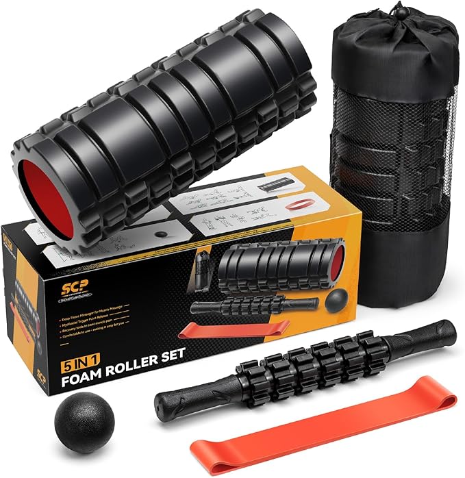 5 in1 Foam Roller Set, Trigger Point Foam Roller, Massage Roller Stick, Massage Ball, Resistance Band for Deep Muscle Massage Pilates Yoga,Fitness Exercise for Whole Body (Black-Red)