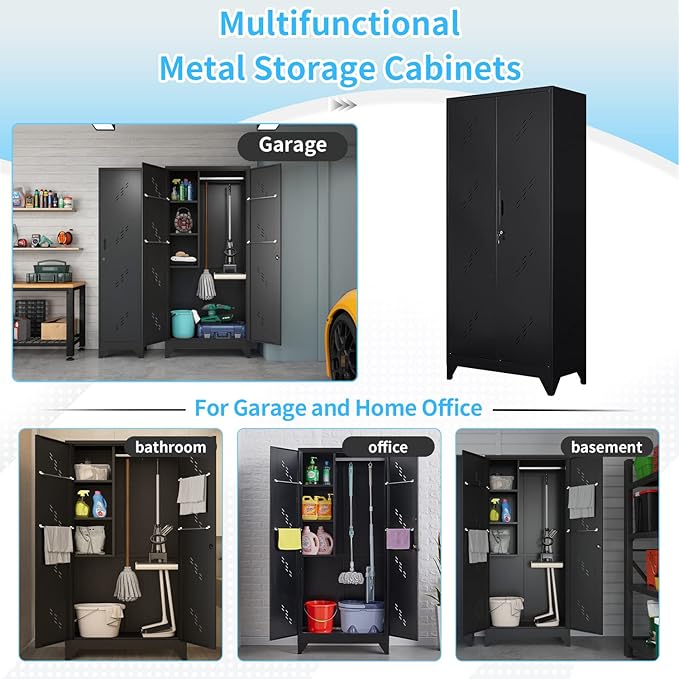 75" Metal Storage Cabinet, Tool Cabinets with Hooks, Garage Storage Cabinet with Lock, Heavy-Duty Tool Cabinet for Utility Room, Gym, Basement, Broom Closet Cabinet, Black