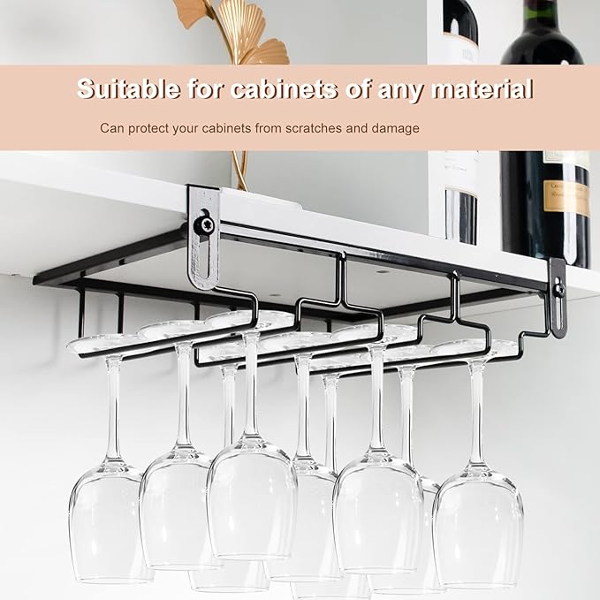 AUHOKY 2Pcs Adjustable Wine Glass Rack Under Cabinet, Punch-Free 3 Rows Stemware Metal Holder, Hanging Glass Storage Hanger Organizer for Shelf Kitchen Bar Decor (3 Rows, Black)