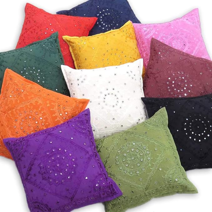 Eyes of India Embroidered Decorative Boho Throw Pillow Cover with Mirrors, Handmade Bohemian Accent Cushion Case for Sofa Couch Bedroom Living Room (Burgundy, 24" x 24")