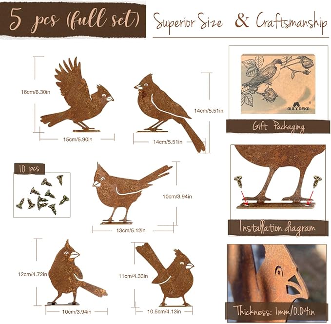 5PCS Rusty Birds Decoration, Garden Decor Spring Decorations Outdoor, Metal Birds Yard Decor Perfect Yard Art and Large Outdoor Ornaments, Cardinal Gifts,Metal Bird Silhouette Statues