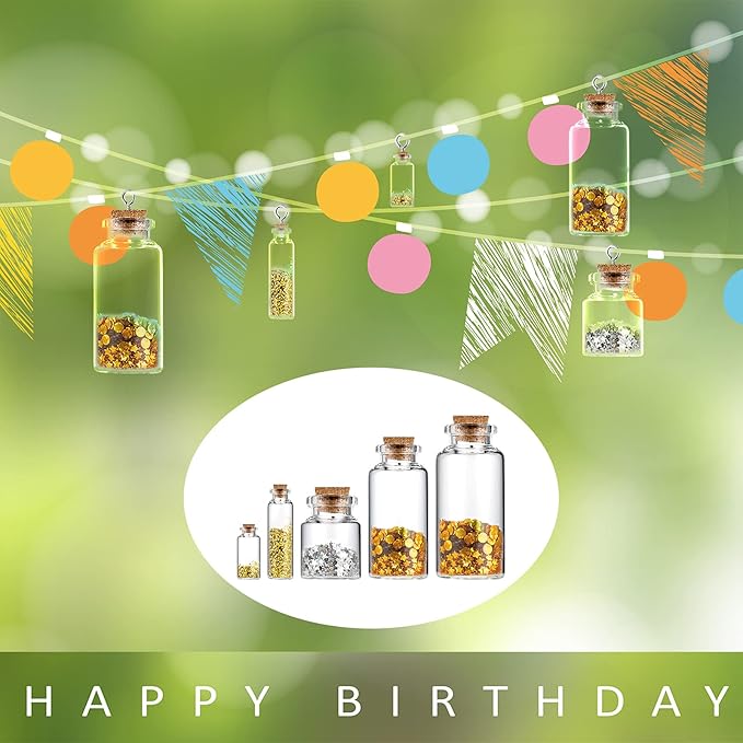 Geiserailie 45 Pcs Mini Glass Bottles with Cork Stoppers Spell Jar Clear Wishing Jars with 50 Eye Screws 3 Funnels for Wedding Party Favors DIY Art Crafts Decoration, 5 Sizes