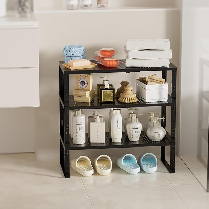 Expandable Spice Rack,Stackable Storage for Cabinet, Multi-Functional Kitchen Shelving,Height-Adjustable,Sustainable Organizer Solution(1Pack/Black/Medium)