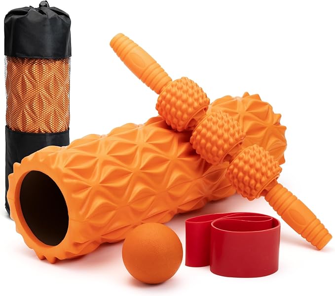 5 in1 Foam Roller Set, Trigger Point Foam Roller, Massage Roller Stick, Massage Ball, Resistance Band for Deep Muscle Massage Pilates Yoga,Fitness Exercise for Whole Body (Pure Orange)