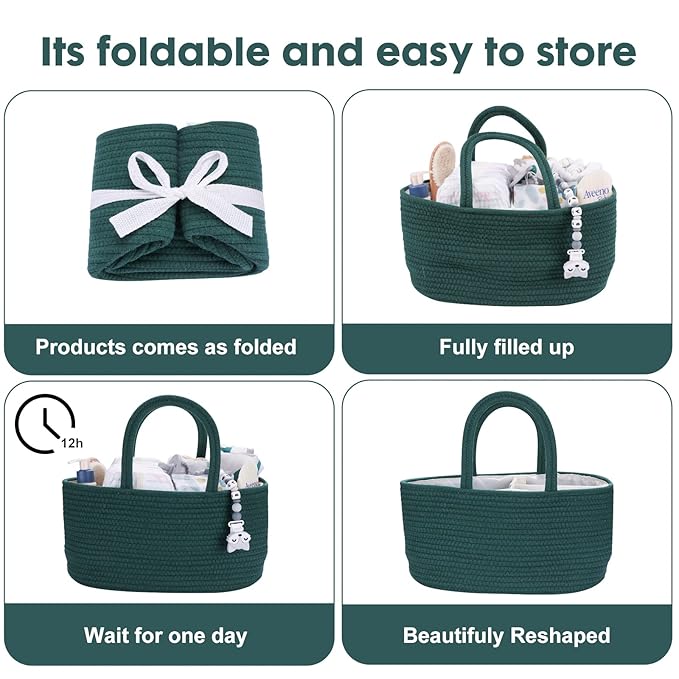 Baby Diaper Caddy Organizer for Girl Boy Rope Nursery Storage Bin Basket Portable Holder Tote Bag for Changing Table Car Travel Baby Shower Gifts Newborn Essentials Registry Must Have Items Dark Green