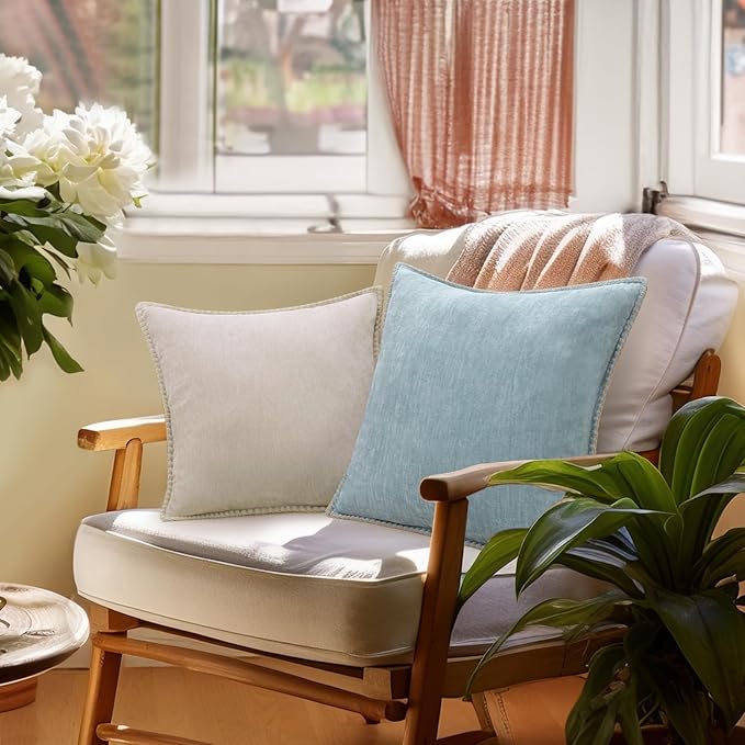 decorUhome Chenille Soft Throw Pillow Covers 12x20 Set of 2, Lumbar Velvet Farmhouse Neutral Decorative Euro Pillow Covers with Stitched Edge for Couch Sofa Bed Home Decor, Beige