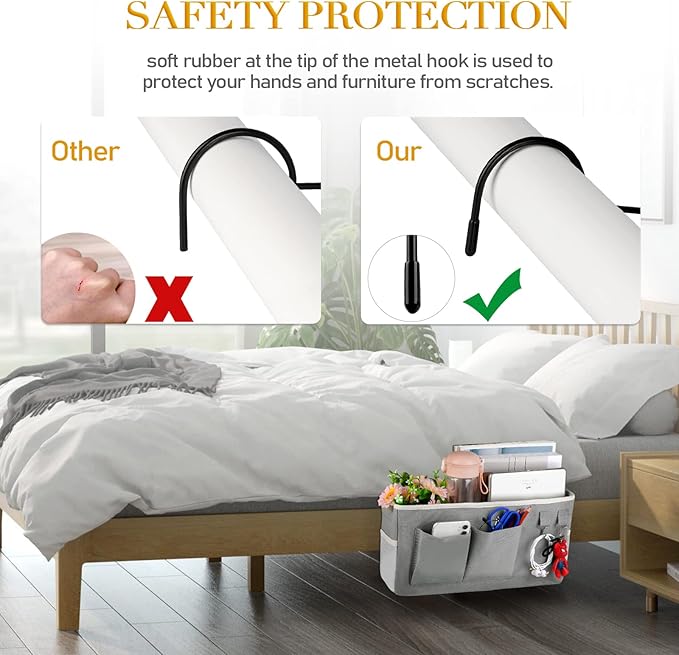 Bedside Storage Caddy/Bedside Hanging Storage Bag for Headboards Bunk Beds Dorm Rooms Book Phone Magazine Holder (Grey)