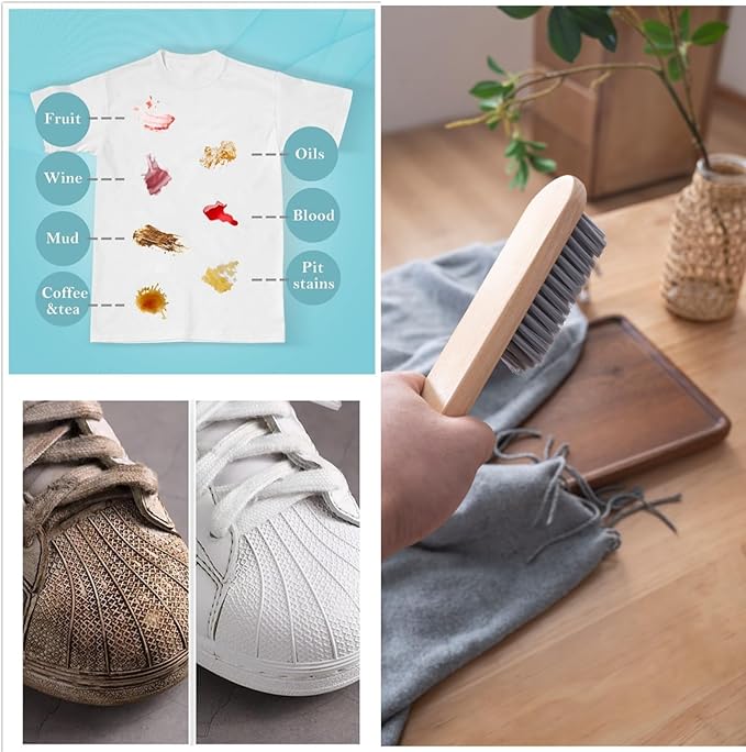 2PCS Wood Laundry Brush, Long Handle Clothing Stain Remover Scrubber, Soft Bristle for Scrubbing Out Tough on Delicate, Easy to Grip Hand Washing Clothes