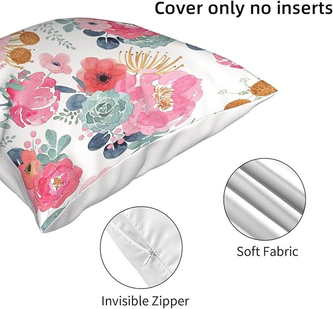 CXMEIFLY Spring Floral Pillow Covers 24 x 24 Inch Set of 2 for Watercolor Pink Flowers Decor Throw Pillows Green Leaves Plant Outdoor Decorative Cushion Cases with Zipper for Couch Bed Decorations