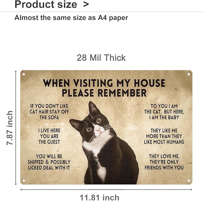 ALKB Funny Tuxedo Cat-Themed Sign 8x12 Inch - Visitor’s Guide to Interacting with Cats - Gift for Cat Lovers’ Home Decor