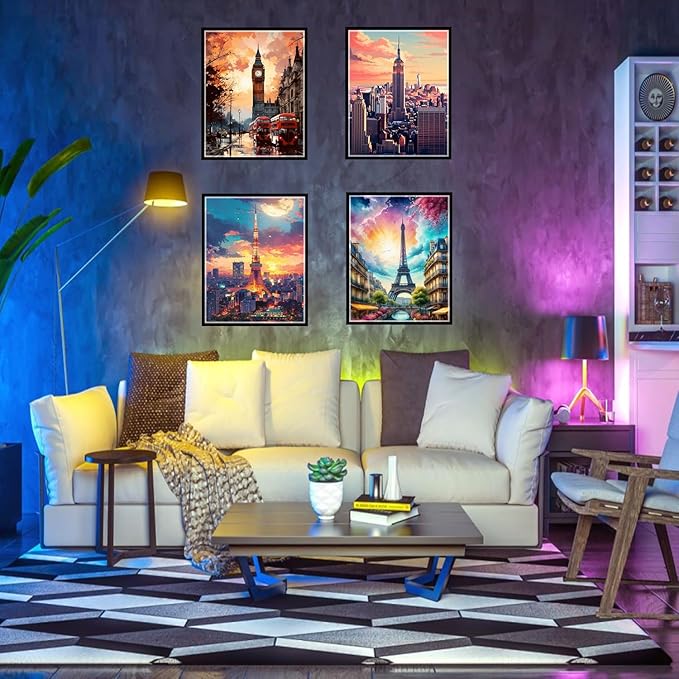 Boho Wall Art Decor, London, Tower of Pisa, Paris, Eiffel Tower,Roman Colosseum,City Wall Decor Art ,Modern Landscape Wall Art for Living Room Bedroom Prints Poster ,8x10 Inch Set of 4,Unframed