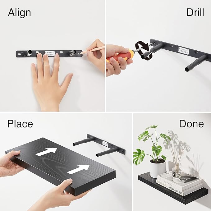 BAYKA Floating Shelves for Wall, 22.5" Wall Mounted Rustic Wood Shelves for Bathroom, Bedroom, Living Room, Kitchen, Office, Hanging Shelf for Books/Storage/Room Decor Capacity (Black, Set of 2)