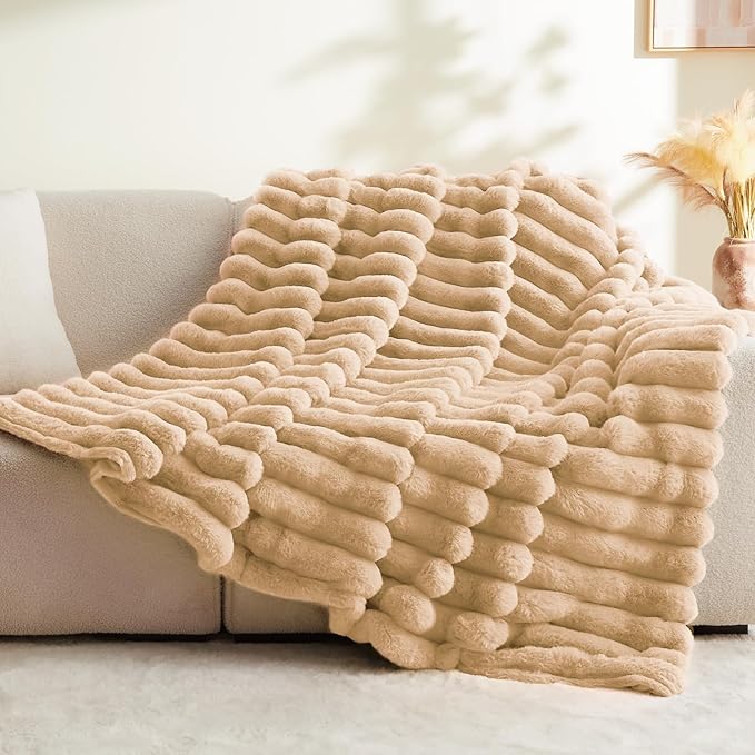 BEDELITE Faux Fur Throw Blanket for Couch, Soft and Cozy Luxurious 3D Striped Fluffy Blanket, 770GSM Thick Warm Plush Fuzzy Faux Rabbit Fur Blanket for Women Gift (Brown, 60"x 80")