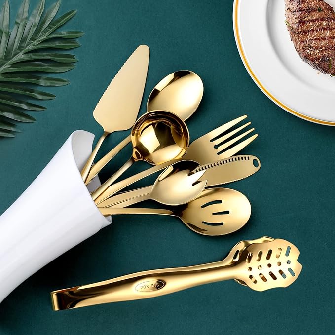 Gold Serving Utensils, OGORI 8-Piece Polished Stainless Steel Flatware Silverware Set Include Serving Spoon, Slotted Spoon, Cake Server, Soup Ladle, Fork, Salad Fork, Butter Knife, Serving Tong