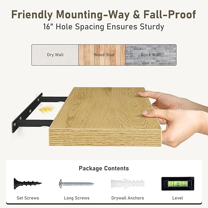 Fun Memories 32 Inch Floating Shelves Wall Shelf Set of 3, Rustic Farmhouse Home Decor Kitchen Living Room Shelves Wall Mounted, 32 x 6.7 x 1.4 Inch, Oak Color