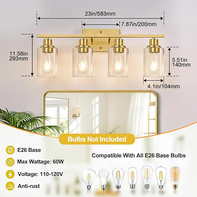 4-Light Vanity Lights with Clear Glass Shades, Brushed Gold Bathroom Light Fixtures Over Mirror, Modern Bathroom Wall Lamp for Mirror Living Room Cabinet Bedroom Porch