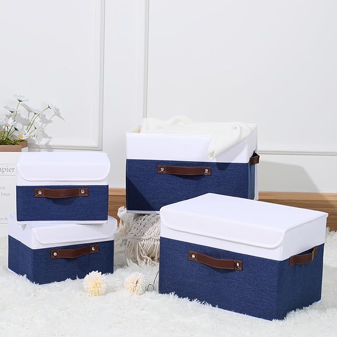 ANMINY Storage Boxes with Lids Washable Decorative Storage Bins Basket with PU Leather Handle Foldable Linen Fabric Storage Cubes Containers for Home Closet Organizer - Deep Blue White, Small Size
